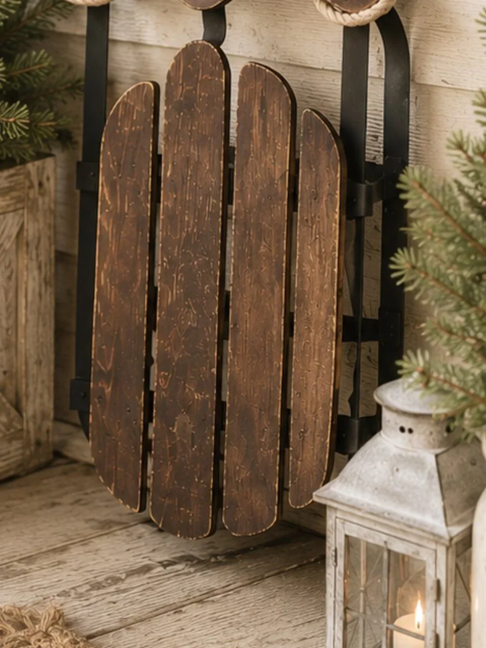 Vintage Rustic Primitive Wooden Snow Sled With Rope Porch Decor